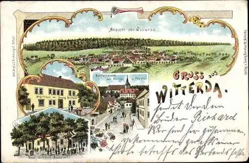 Litho Witterda in Thüringen, Kirche, Pfarre, Gasthaus, Totalansicht
