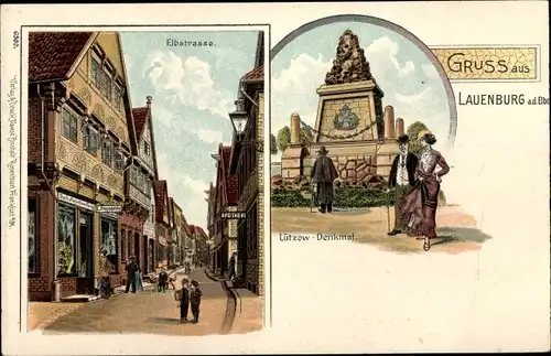 Litho Lauenburg an der Elbe in Schleswig Holstein, Partie in der Elbstraße, Lützow Denkmal