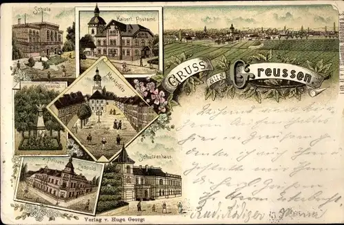 Litho Greußen in Thüringen, Schützenhaus, Gasthaus zum Prinzen Leopold, Schule, Postamt