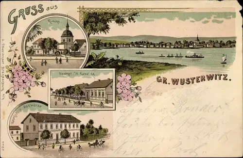 Litho Großwusterwitz Wusterwitz in Brandenburg, Kirche, Gasthof, H. Schwarze W. Kabelitz