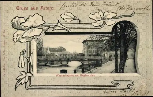 Passepartout Ak Artern an der Unstrut, Wasserbrücke am Mühlwerder