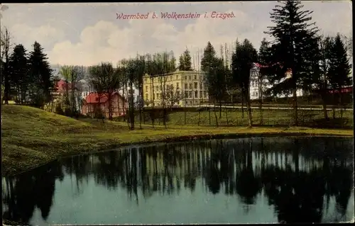 Ak Warmbad Wolkenstein in Sachsen, Teichpartie, Teilansicht der Ortschaft