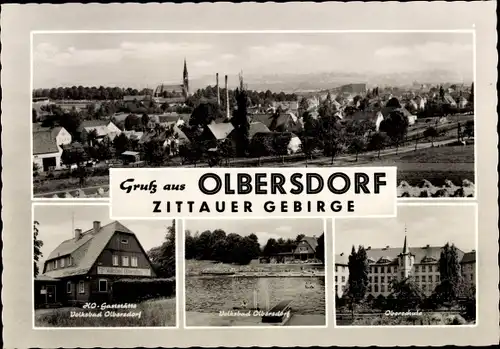 Ak Olbersdorf in Sachsen, Zittauer Gebirge,Ortspanorama, HO-Gaststätte, Volksbad, Oberschule
