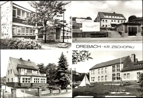 Ak Drebach im Erzgebirge Sachsen, Karl-Marx-Oberschule, Rathaus, Kinderkrippe, Kindergarten, Hort