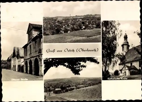 Ak Ostritz in der Oberlausitz, Zittauer Straße, Katholische Kirche, Ortspanorama