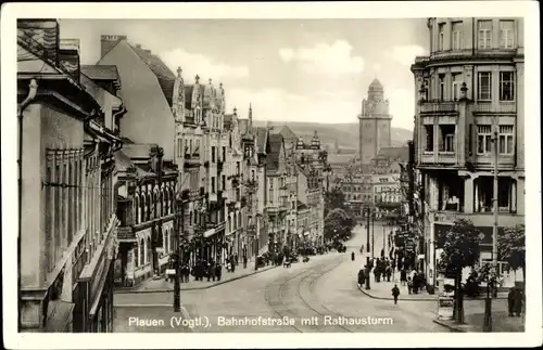 Ak Plauen im Vogtland, Bahnhofstraße mit Rathausturm