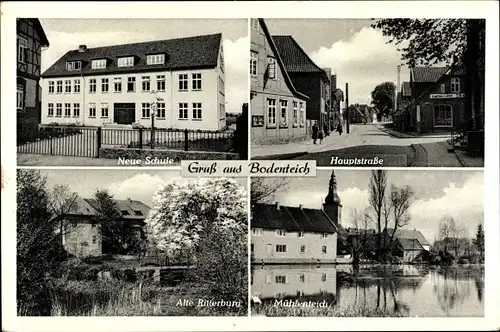 Ak Bad Bodenteich in der Lüneburger Heide, Neue Schule, Hauptstraße, Alte Ritterburg, Mühlenteich