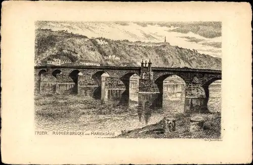 Künstler Ak Trier an der Mosel, Römerbrücke, Mariensäule