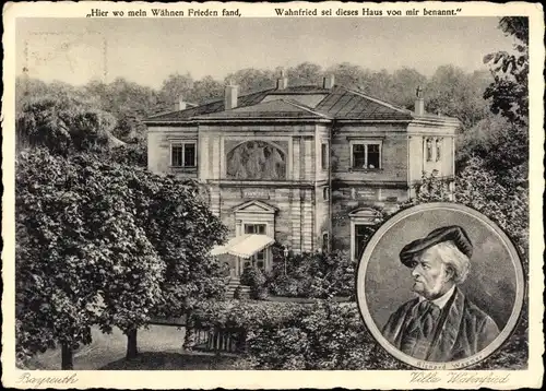 Ak Bayreuth in Oberfranken, Villa Wahnfried, Portrait Richard Wagner, Zitat