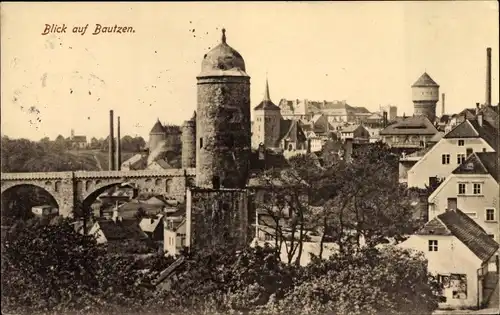 Ak Bautzen in der Oberlausitz, Teilansicht mit Brücke, Turm