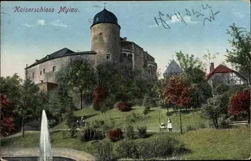 Ak Mylau Reichenbach im Vogtland, Kaiserschloss, Springbrunnen