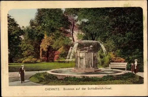 Ak Chemnitz in Sachsen, Brunnen auf der Schloßteich-Insel