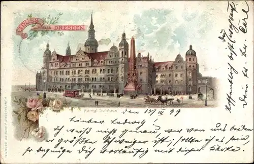 Litho Dresden, Königl. Schloss, Straßenbahn, Kutsche