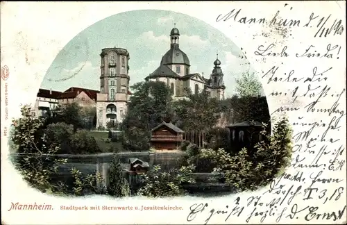 Ak Mannheim in Baden, Stadtpark, Sternwarte, Jesuitenkirche