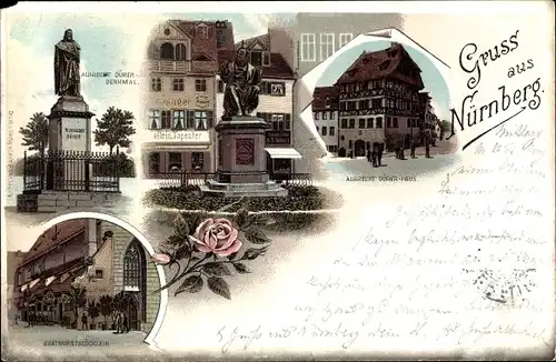 Litho Nürnberg in Mittelfranken Bayern, Albrecht Dürer Haus, Denkmal, Bratwurstglöcklein