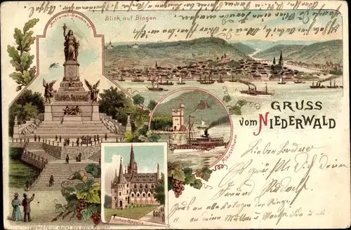 Litho Rüdesheim am Rhein, Niederwalddenkmal, Rochuskapelle, Bingen, Mäuseturm