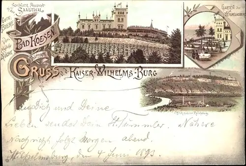 Litho Bad Kösen Naumburg an der Saale, Kaiser Wilhelms Burg, Barthel, Garten und Saal, Rudelsburg