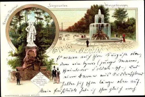 Litho Berlin Tiergarten, Wrangelbrunnen, Lessing-Denkmal, Siegesallee