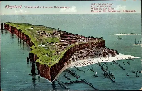 Ak Nordseeinsel Helgoland, Totalansicht mit neuen Hafenanlagen, Gedicht