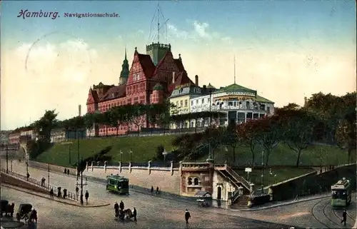 Ak Hamburg Mitte St. Pauli, Navigationsschule, Straßenbahn, Passanten