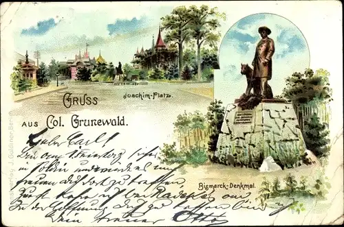 Litho Berlin Wilmersdorf Grunewald, Joachim Platz, Bismarck Denkmal