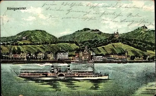 Ak Königswinter am Rhein, Panorama mit Raddampfer