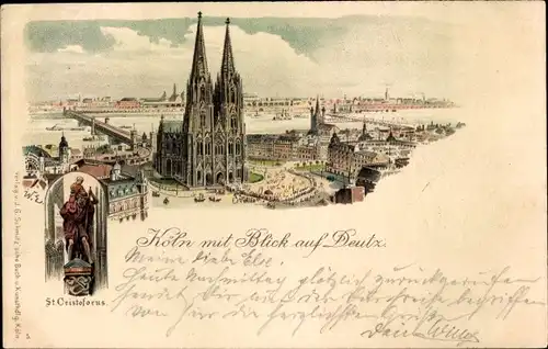 Litho Köln am Rhein, Mit Blick auf Deutz, St. Christoferus, Dom