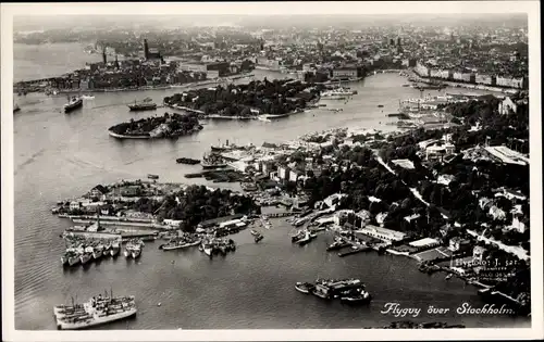 Ak Stockholm Schweden, Stadtansicht, Hafen, Fliegeraufnahme