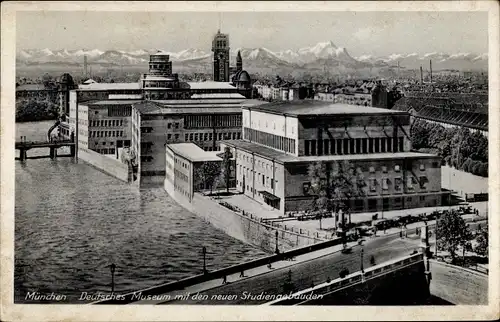 Ak München, Deutsches Museum mit den neuen Studiengebäuden, Brücke