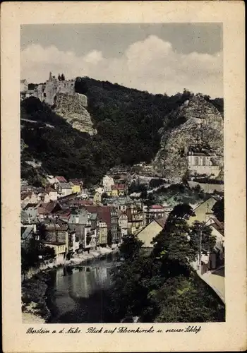 Ak Oberstein an der Nahe, Blick auf Felsenkirchen u. neues Schloss