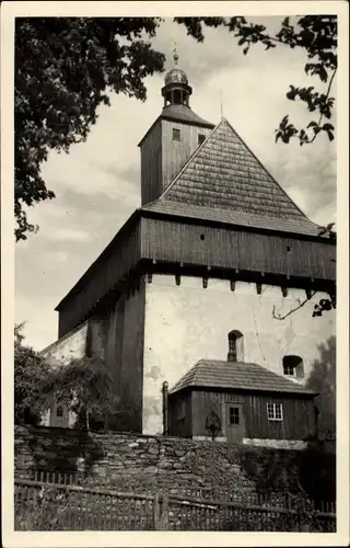 Ak Großrückerswalde im Erzgebirge, Wehrgangkirche, Ansicht vom Friedhof aus