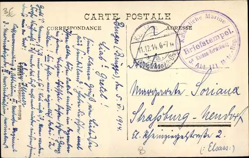 Ak Stempel Deutsche Feldpost 1. WK, Kaiserliche Marine, Kassen Verwaltung 3. Abt. III. Matr. Reg.