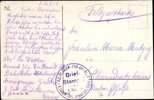 Ak Stempel Deutsche Feldpost 1. WK, Kgl. pr. Landw. Feld Art. Regt. 8 2. Batterie 8. Landw. Div.