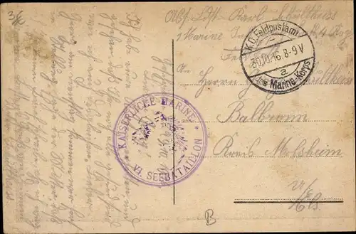 Ak Stempel Deutsche Feldpost 1. WK, Kaiserliche Marine, Marinekorps, VI. Seebataillon