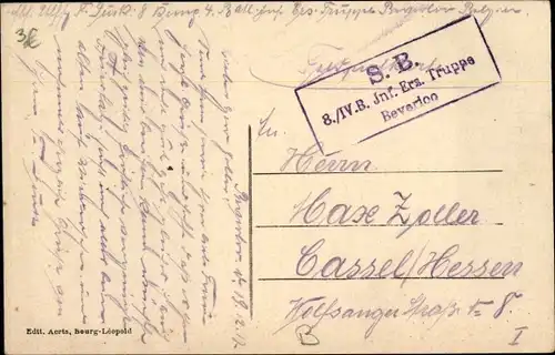 Ak Stempel Deutsche Feldpost 1. WK, 8. IV. B. Inf. Ers. Truppe Beverloo