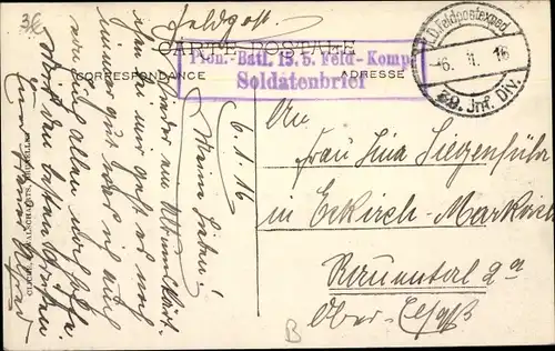 Ak Stempel Deutsche Feldpost 1. WK, 39. Inf. Div., Pionier Batl. 15, 5. Feld Komp.