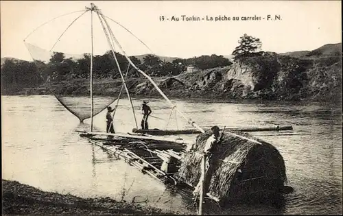 Ak Tonkin Vietnam, La pêche au carrelet, Fischerboot