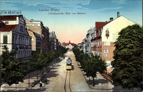 Ak Landau in der Pfalz, Ostbahnstraße, Blick vom Bahnhof, Straßenbahn