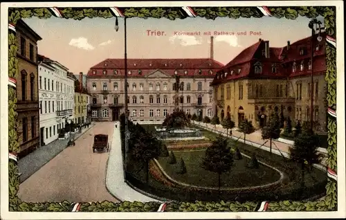 Ak Trier in Rheinland Pfalz, Kornmarkt, Rathaus, Post, Grünfläche, Springbrunnen