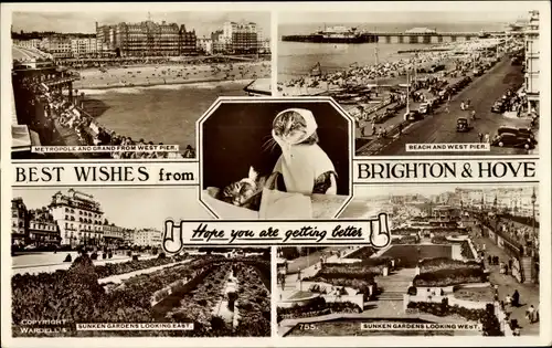 Ak Brighton and Hove East Sussex England, Beach and West Pier, Metropole and Grand from West Pier