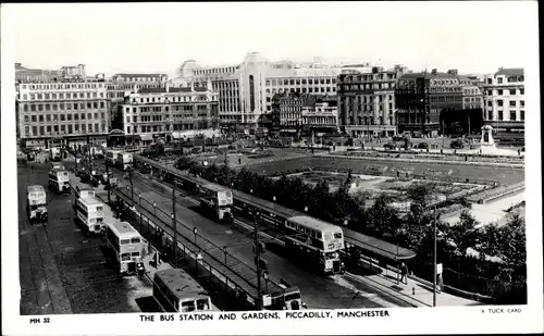 Ak Manchester England, The Bus and Gardens, Piccadilly