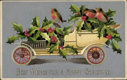 Präge Litho Glückwunsch Weihnachten, Stechpalmenzweige, Vögel, Automobil