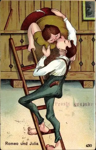 Litho Glückwunsch Neujahr, Rome und Julia, Liebespaar, Kuss