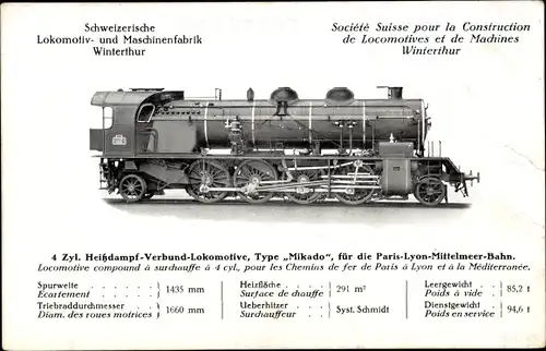 Ak Französische Eisenbahn, Lokomotivfabrik Winterthur, Dampflok Typ Mikado, Paris Lyon Bahn