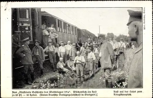 Ak Rast auf der Fahrt zum Kriegsschauplatz, Deutsche Soldaten in Uniformen, I WK