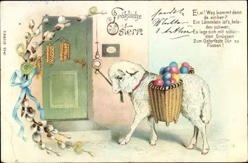 Litho Glückwunsch Ostern, Lamm mit Ostereiern läutet an Türglocke