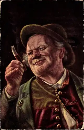 Künstler Ak Dicker Mann in Tracht mit Zigarre