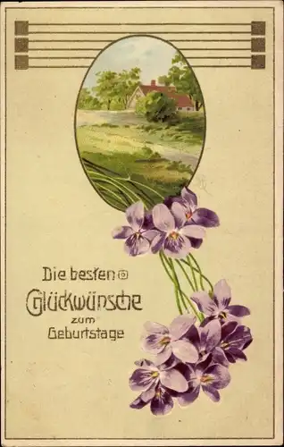 Präge Ak Glückwunsch Geburtstag, Landschaft, Veilchen