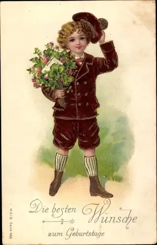 Präge Ak Glückwunsch Geburtstag, Junge mit Kleeblättern