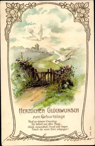Präge Ak Glückwunsch Geburtstag, Tauben, Landschaft